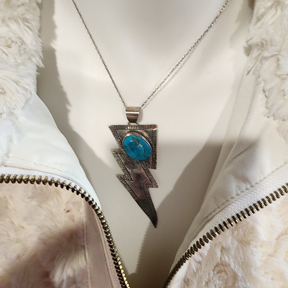 Silver Lightning Bolt Necklace with Turquoise Stone - Picture 4 of 10